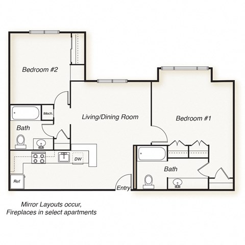 Floor plan for 2 beds, 2 baths, 1064 sqft